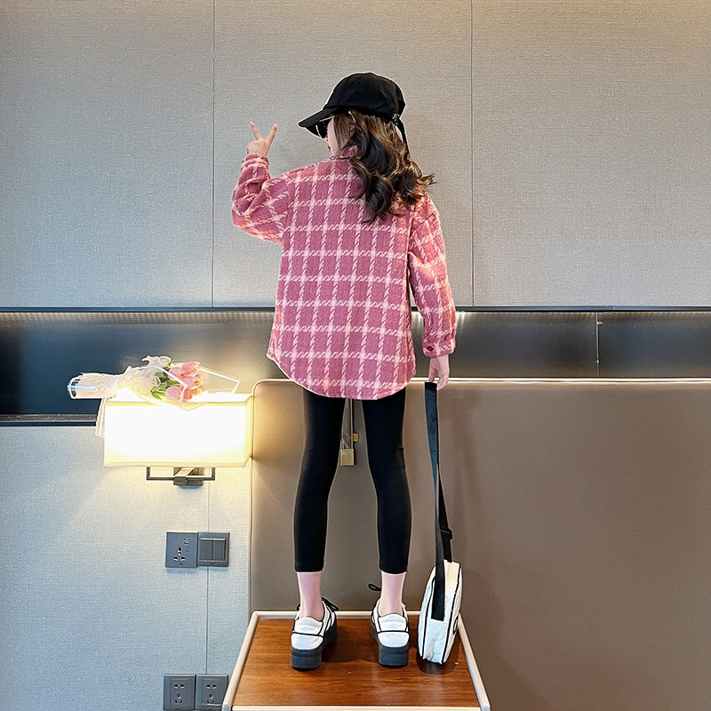 Girls Checked Spread Collar Curved Casual Shirt