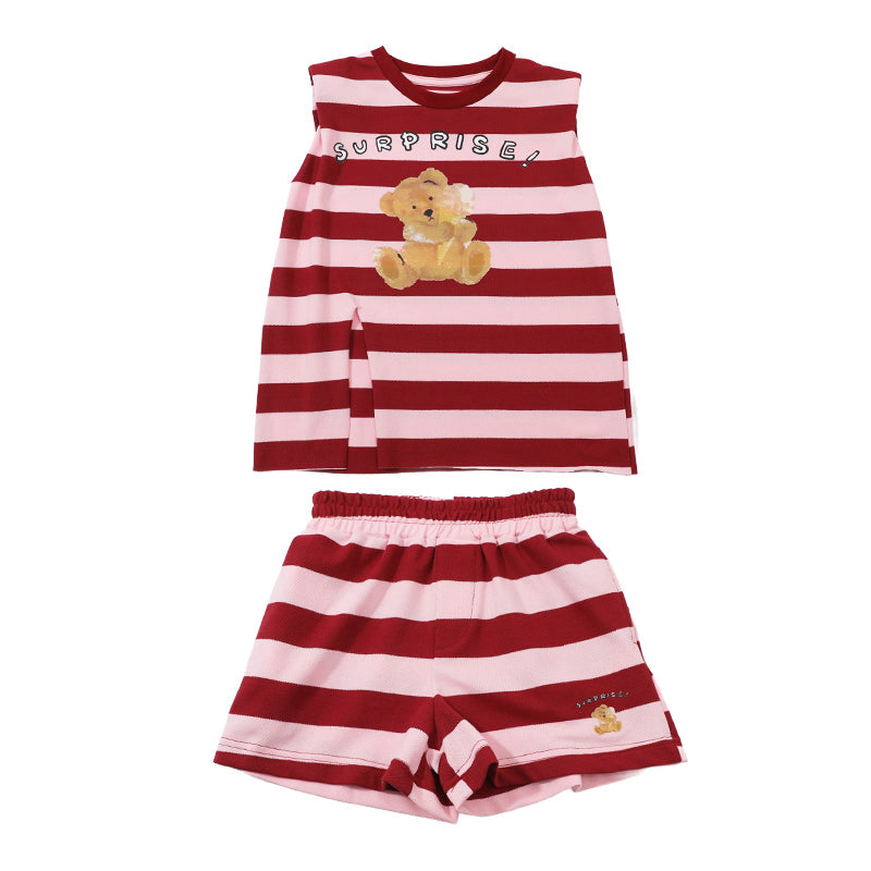 Girls Red & Pink Striped Top with Shorts