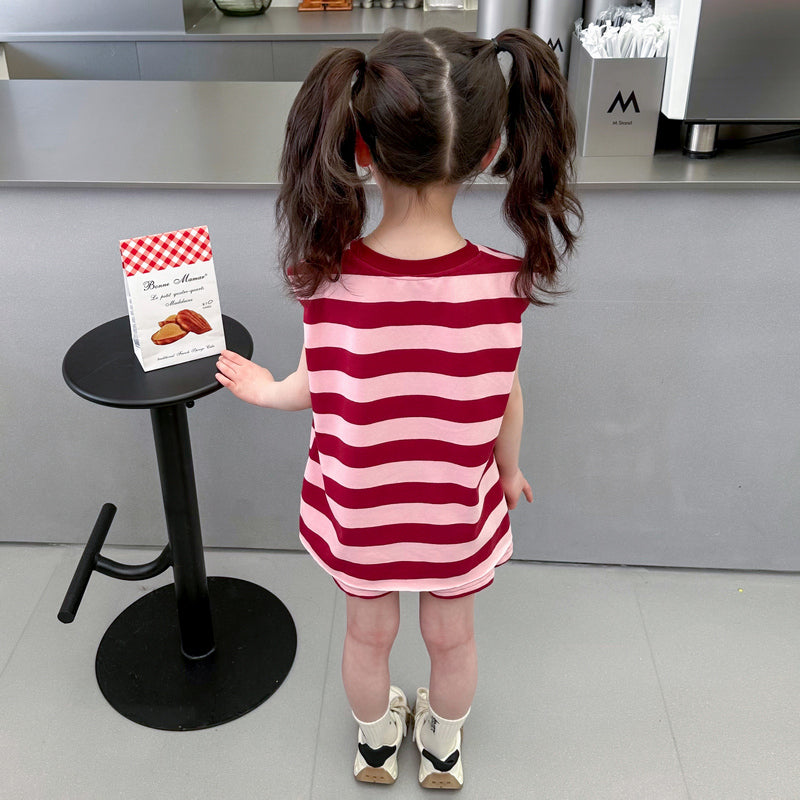 Girls Red & Pink Striped Top with Shorts