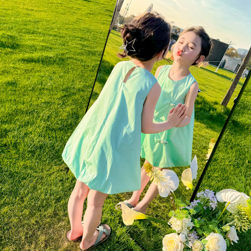 Girls Green Round Neck A-Line Dress