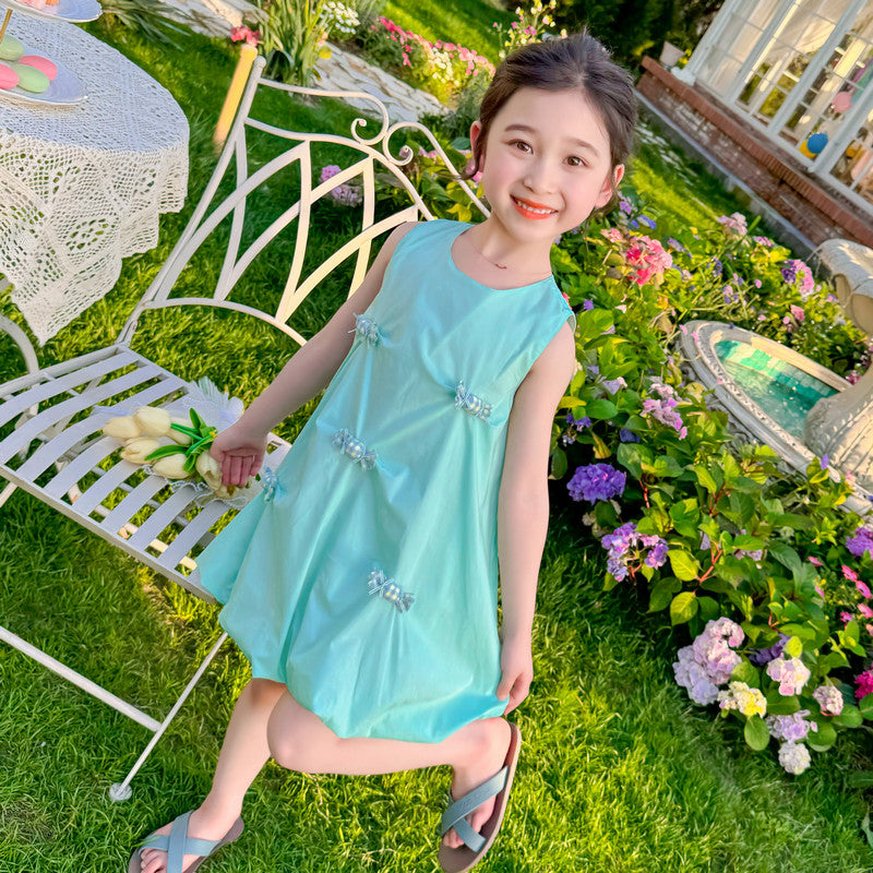 Girls Green Round Neck A-Line Dress