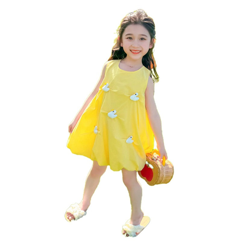Girl Yellow  Round Neck Embellished Applique  A-Line Dress
