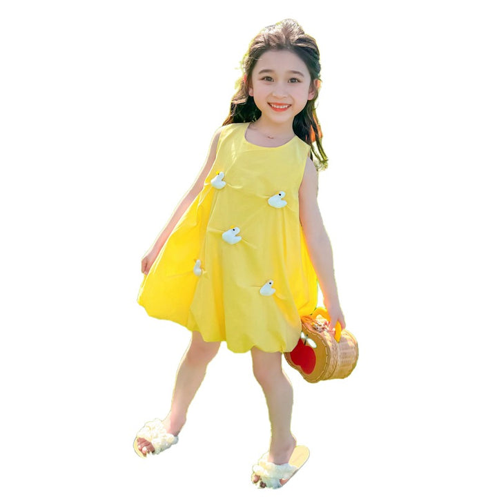 Girl Yellow  Round Neck Embellished Applique  A-Line Dress