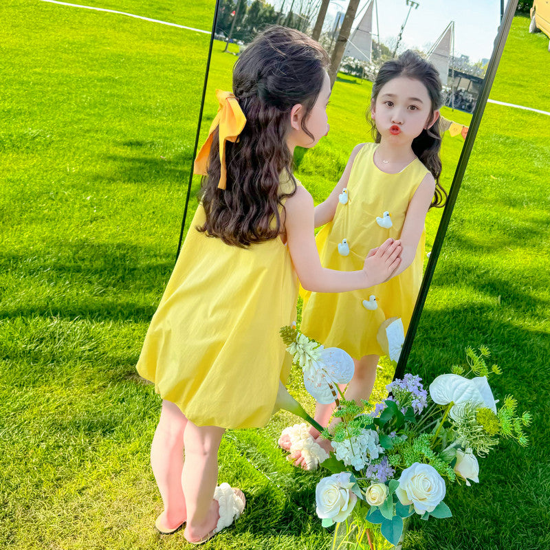 Girl Yellow  Round Neck Embellished Applique  A-Line Dress