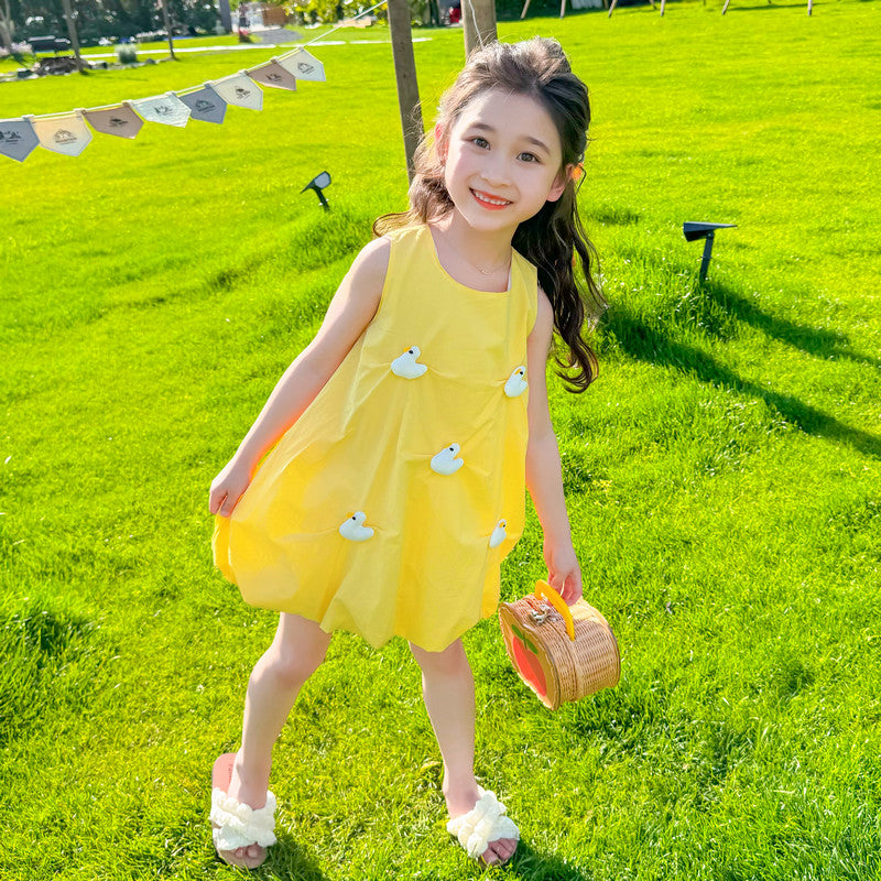 Girl Yellow  Round Neck Embellished Applique  A-Line Dress
