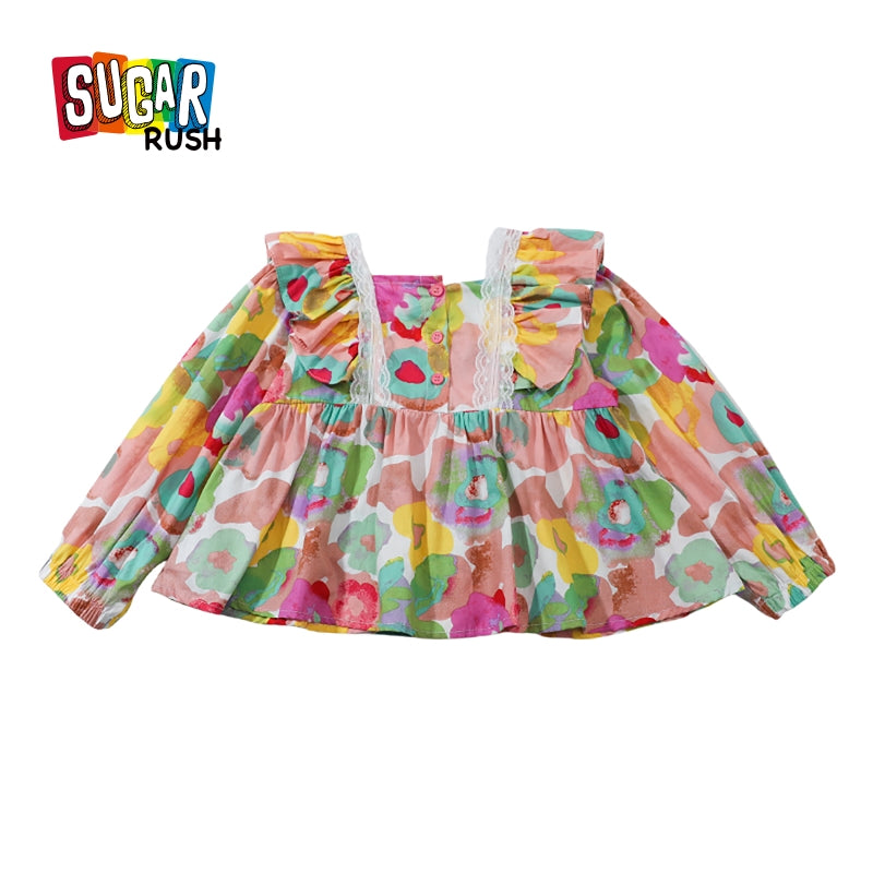 Girls Floral Printed Square Neck Cotton Top