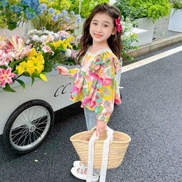 Girls Floral Printed Square Neck Cotton Top