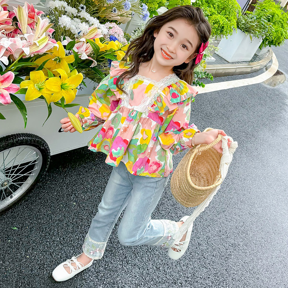 Girls Floral Printed Square Neck Cotton Top