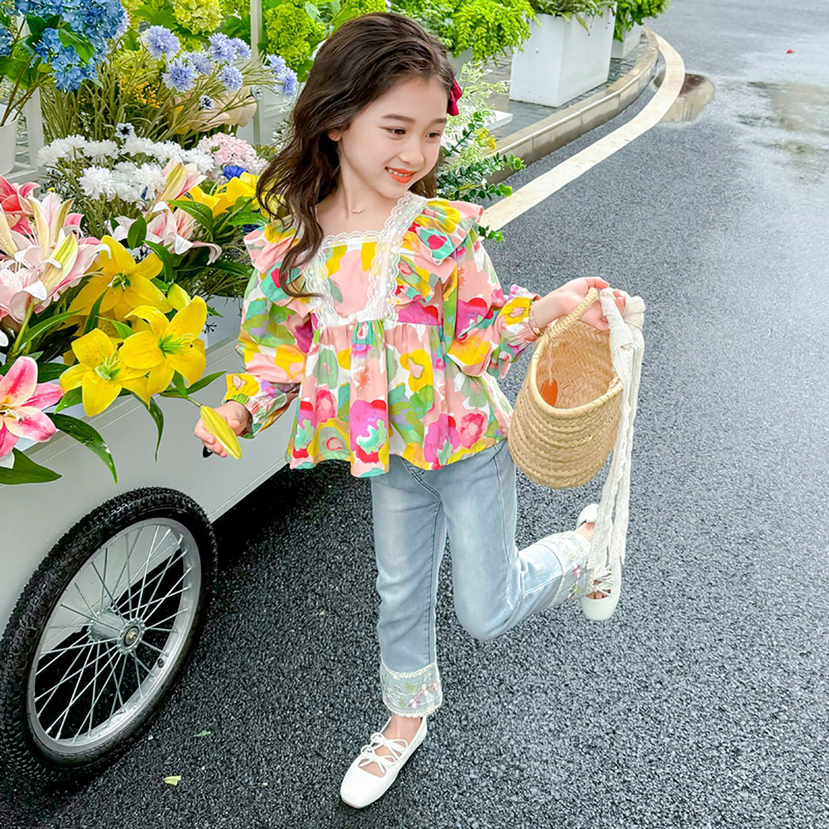 Girls Floral Printed Square Neck Cotton Top