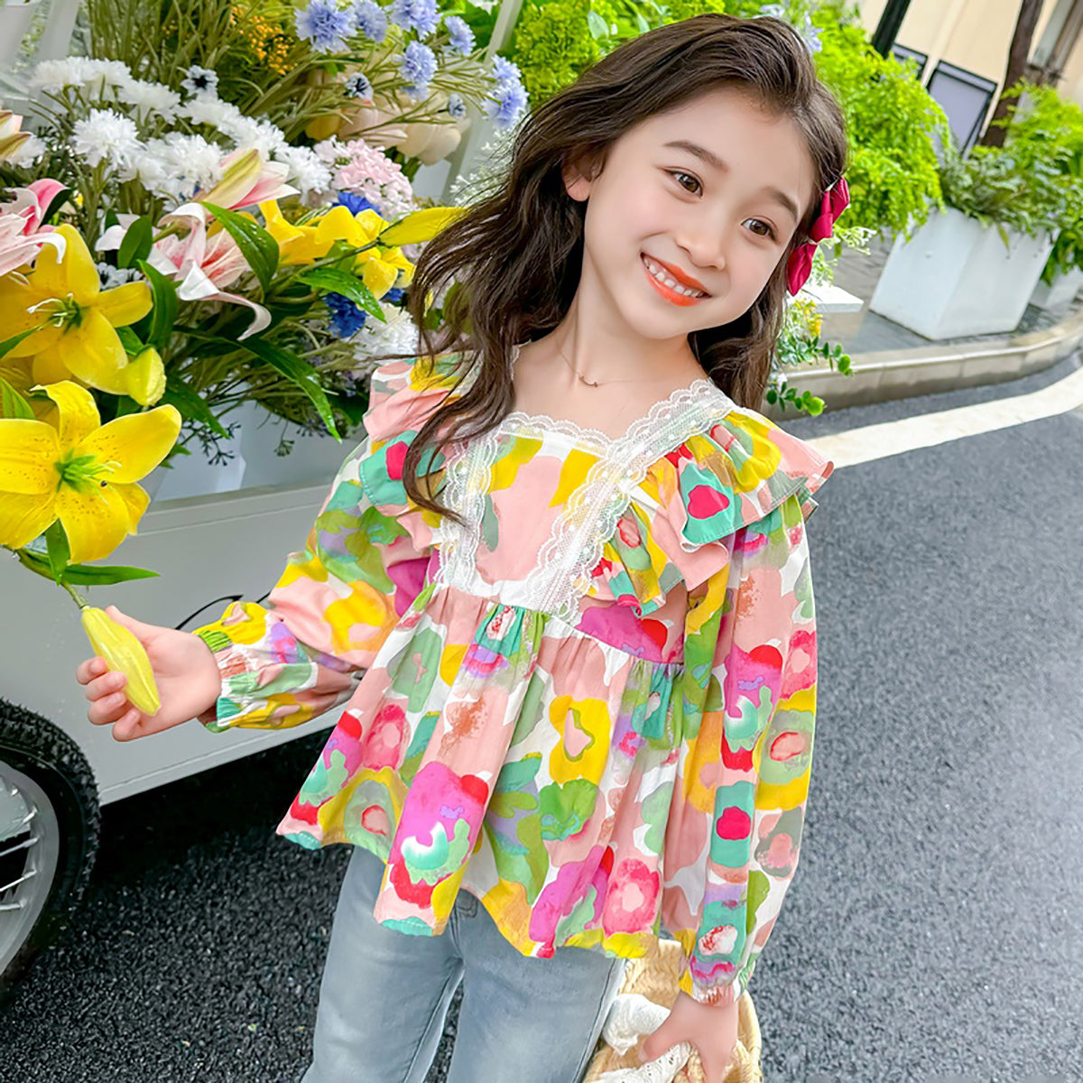 Girls Floral Printed Square Neck Cotton Top