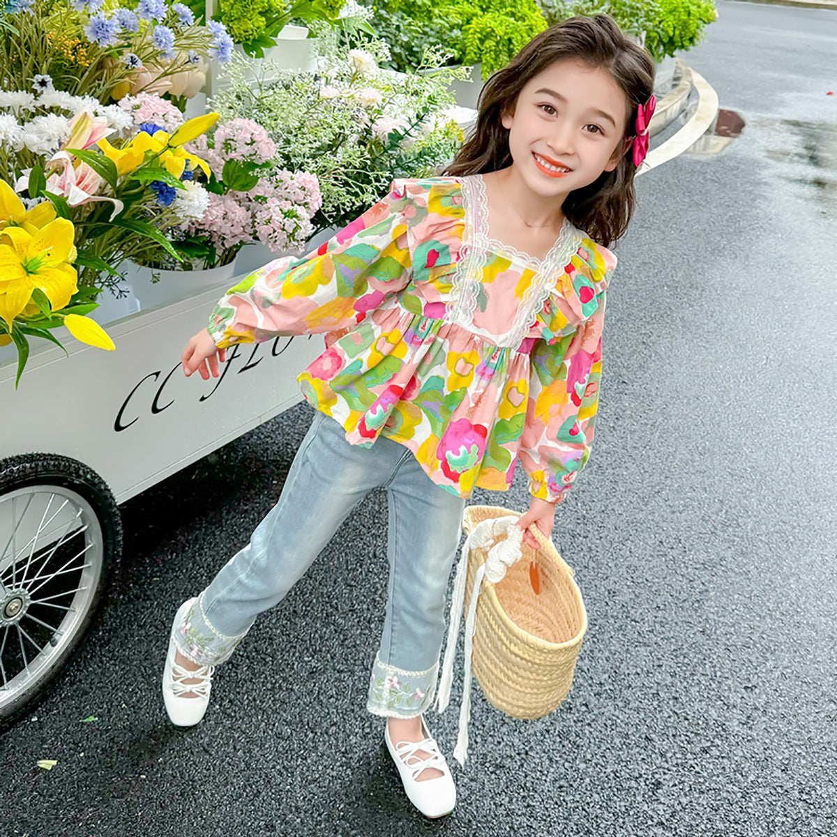 Girls Floral Printed Square Neck Cotton Top