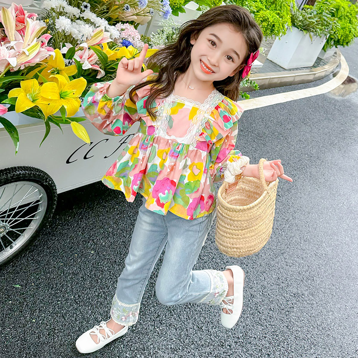 Girls Floral Printed Square Neck Cotton Top