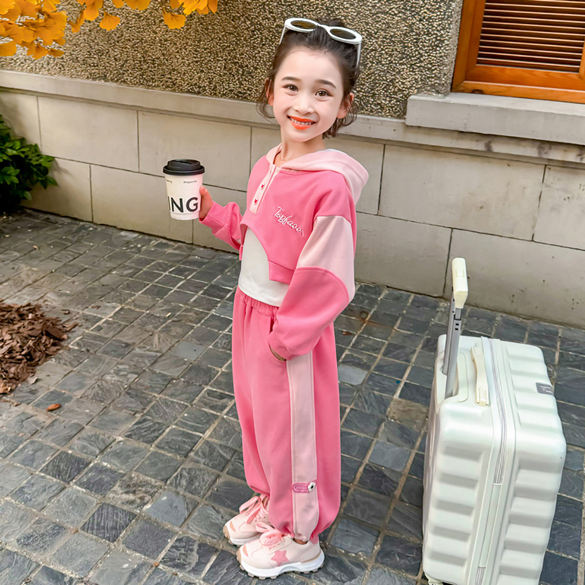 Girls Colourblocked Pure Cotton Sweatshirt with Joggers & Inner
