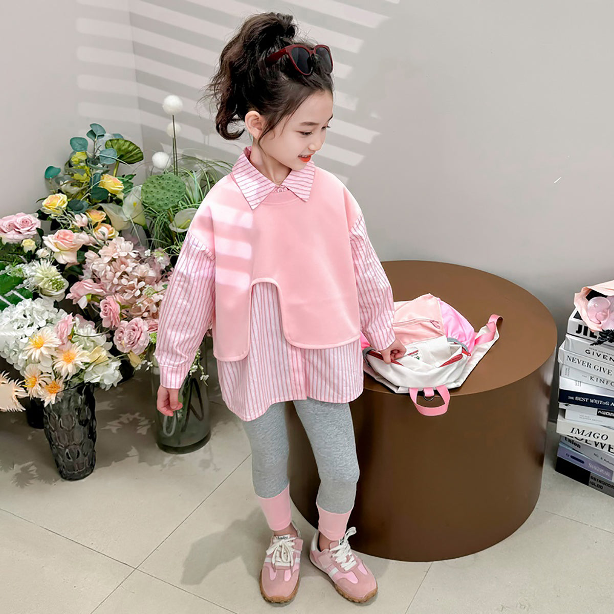Girls Striped Pure Cotton Top with Leggings