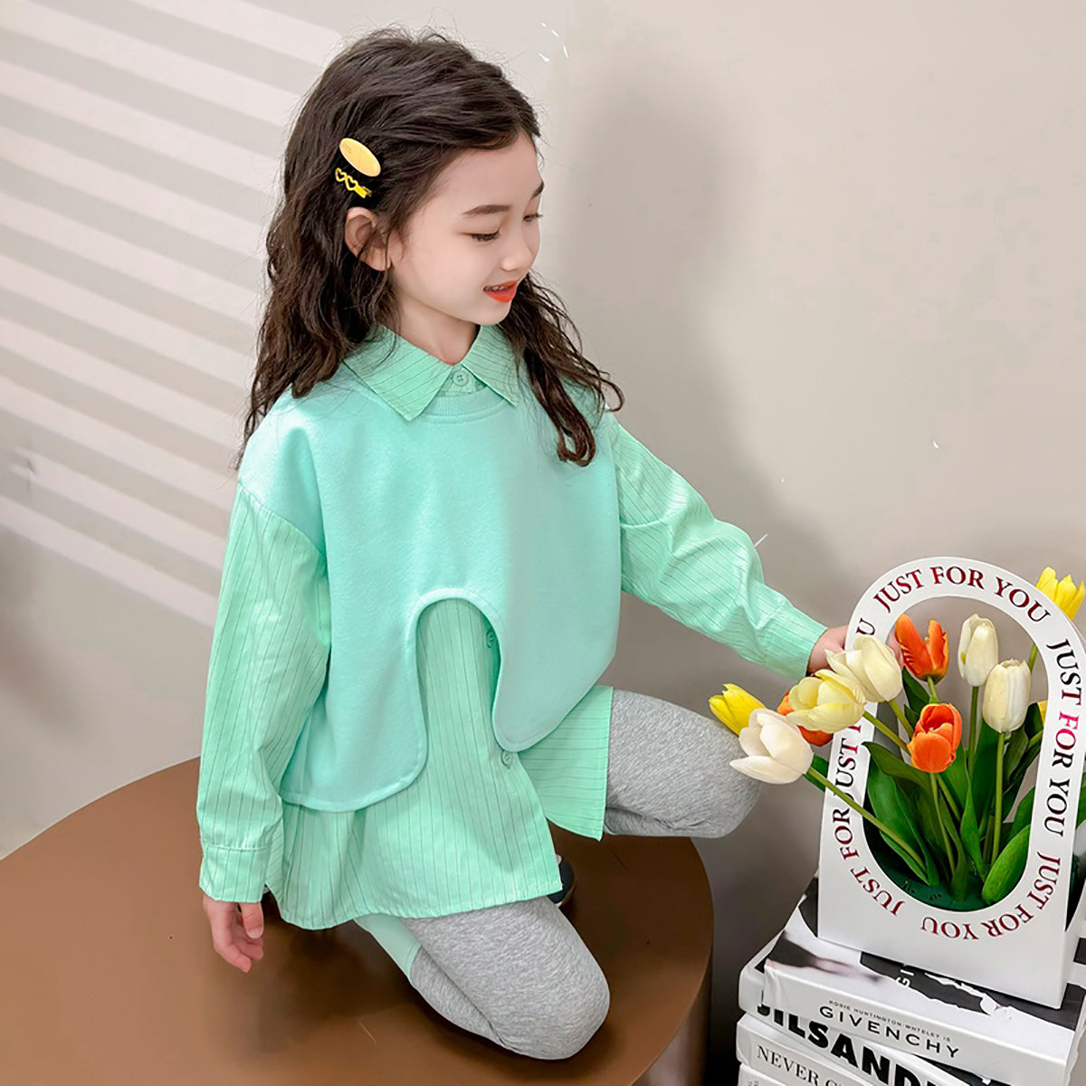 Girls Striped Pure Cotton Top with Leggings