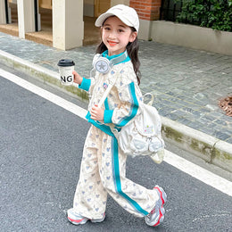 Girls Blue & White Printed Pure Cotton Coat with Palazzos