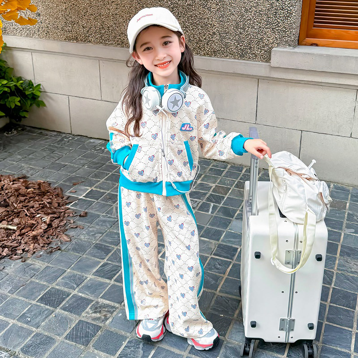 Girls Blue & White Printed Pure Cotton Coat with Palazzos