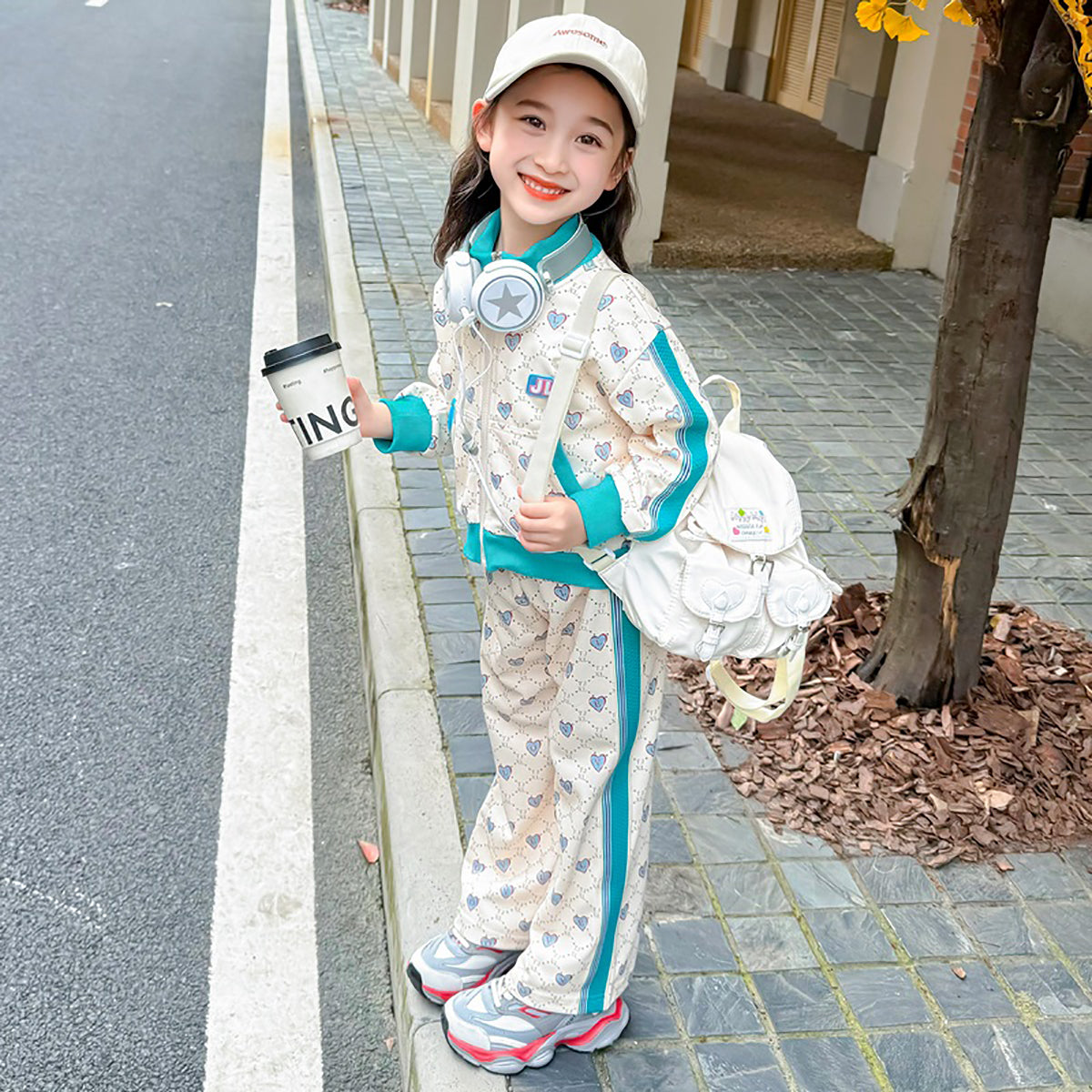 Girls Blue & White Printed Pure Cotton Coat with Palazzos