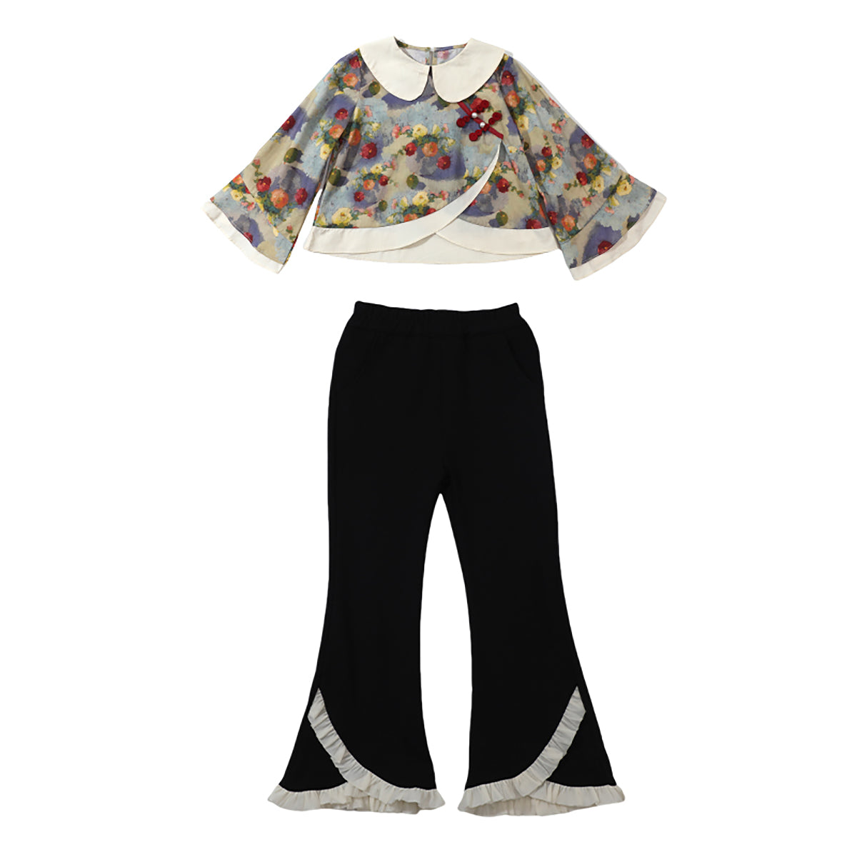 Girls Black & Blue Printed Pure Cotton Top with Palazzos
