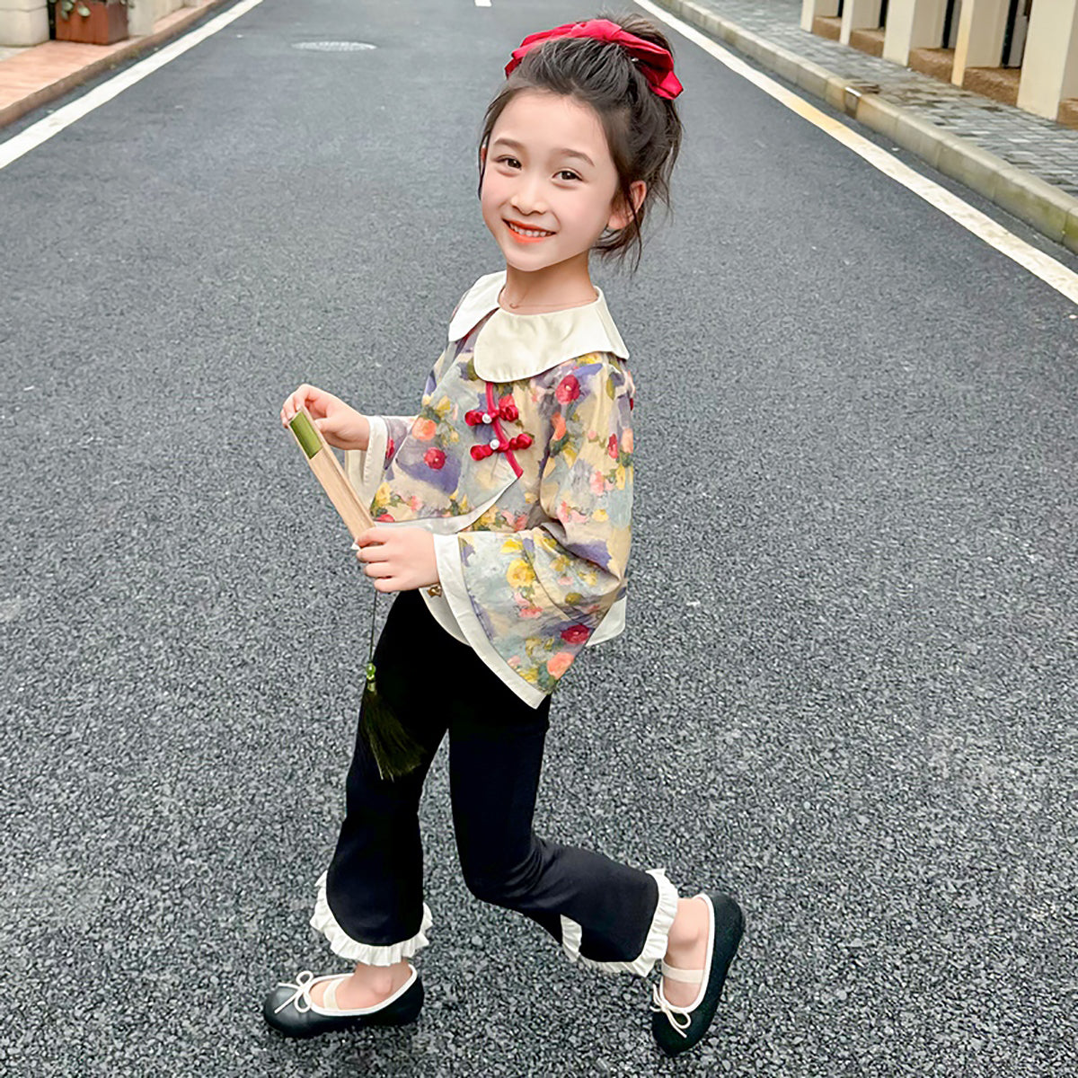 Girls Black & Blue Printed Pure Cotton Top with Palazzos