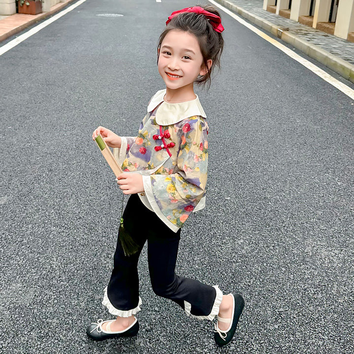 Girls Black & Blue Printed Pure Cotton Top with Palazzos