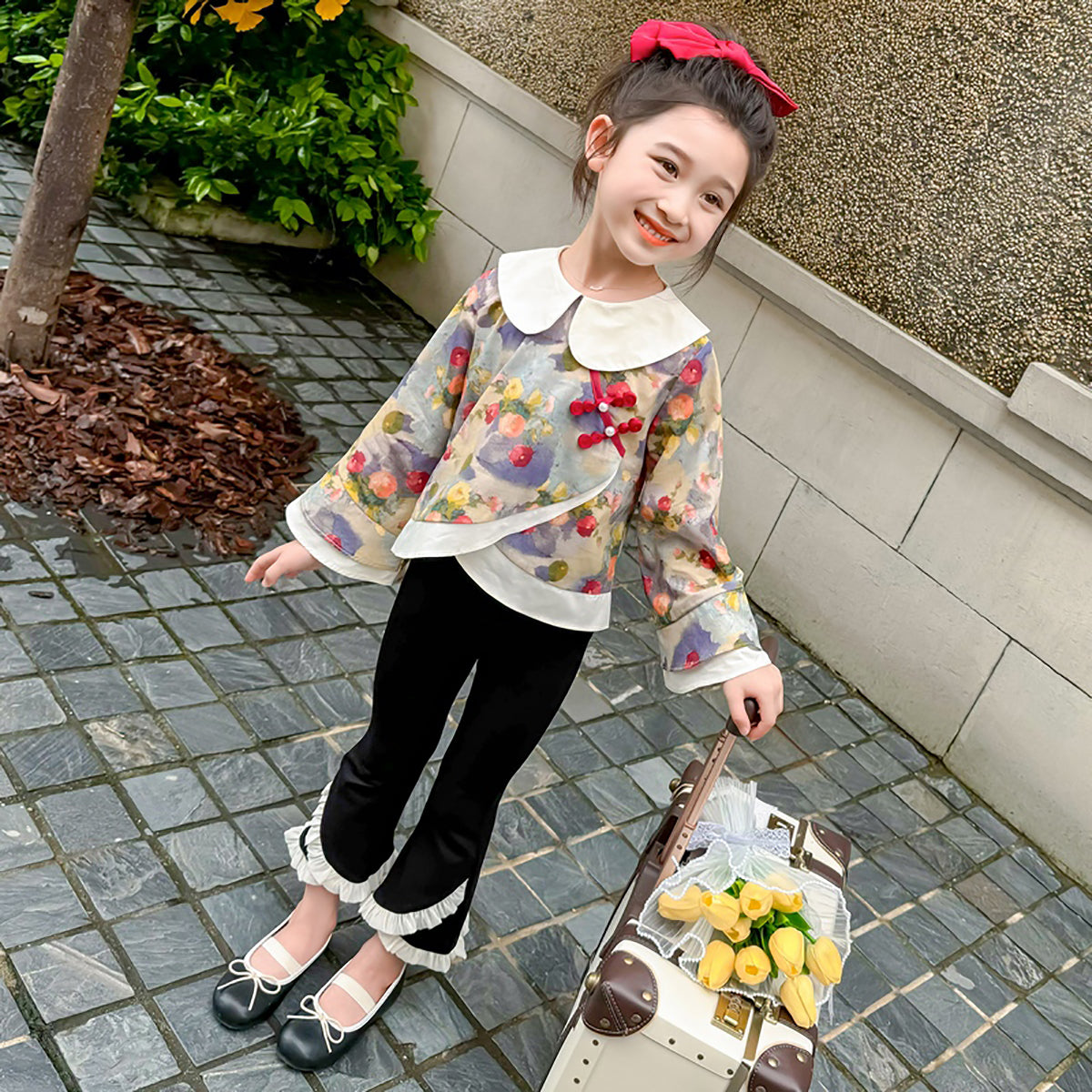Girls Black & Blue Printed Pure Cotton Top with Palazzos
