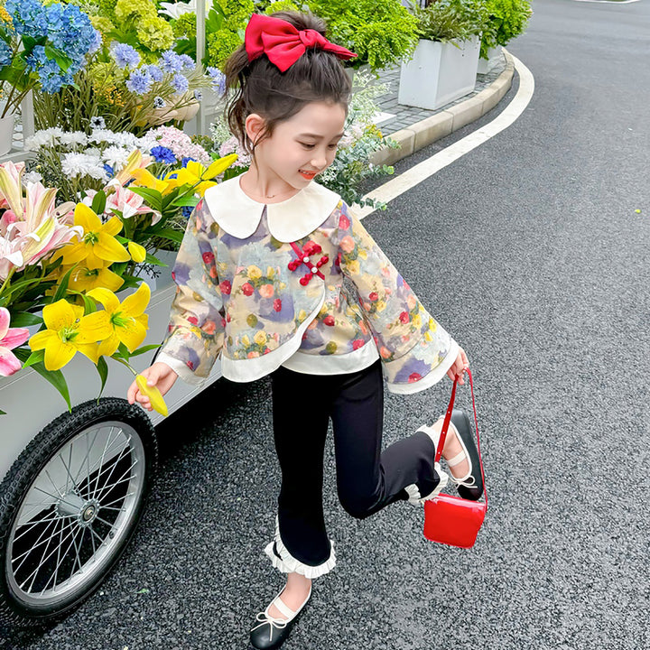 Girls Black & Blue Printed Pure Cotton Top with Palazzos