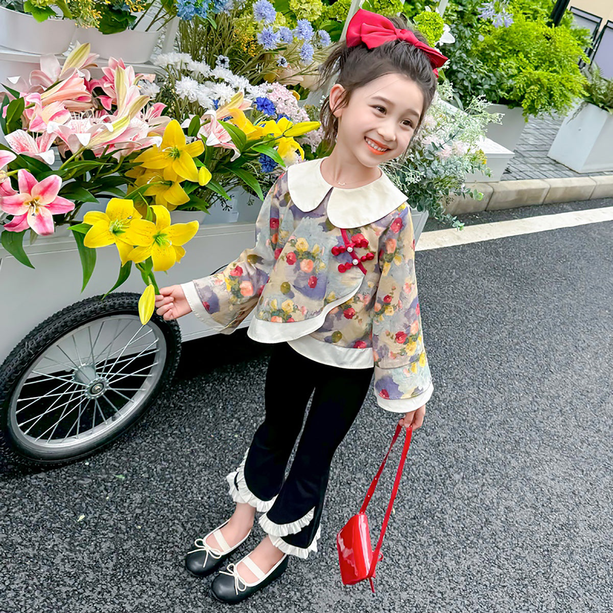 Girls Black & Blue Printed Pure Cotton Top with Palazzos