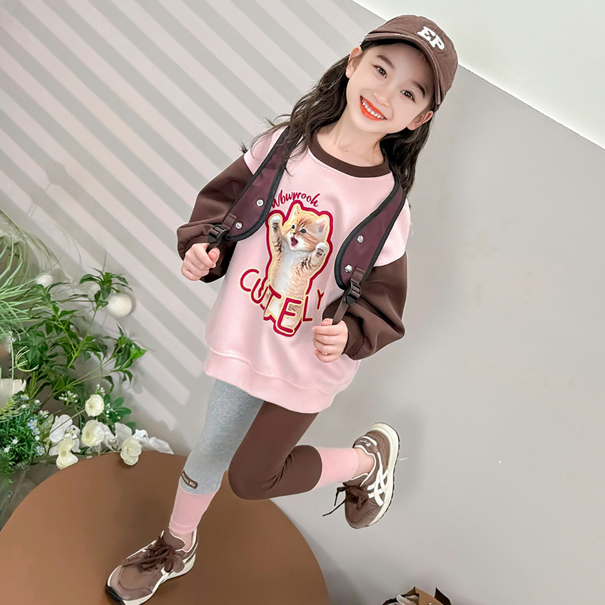 Girls Pink & Brown Printed Pure Cotton Top with Leggings