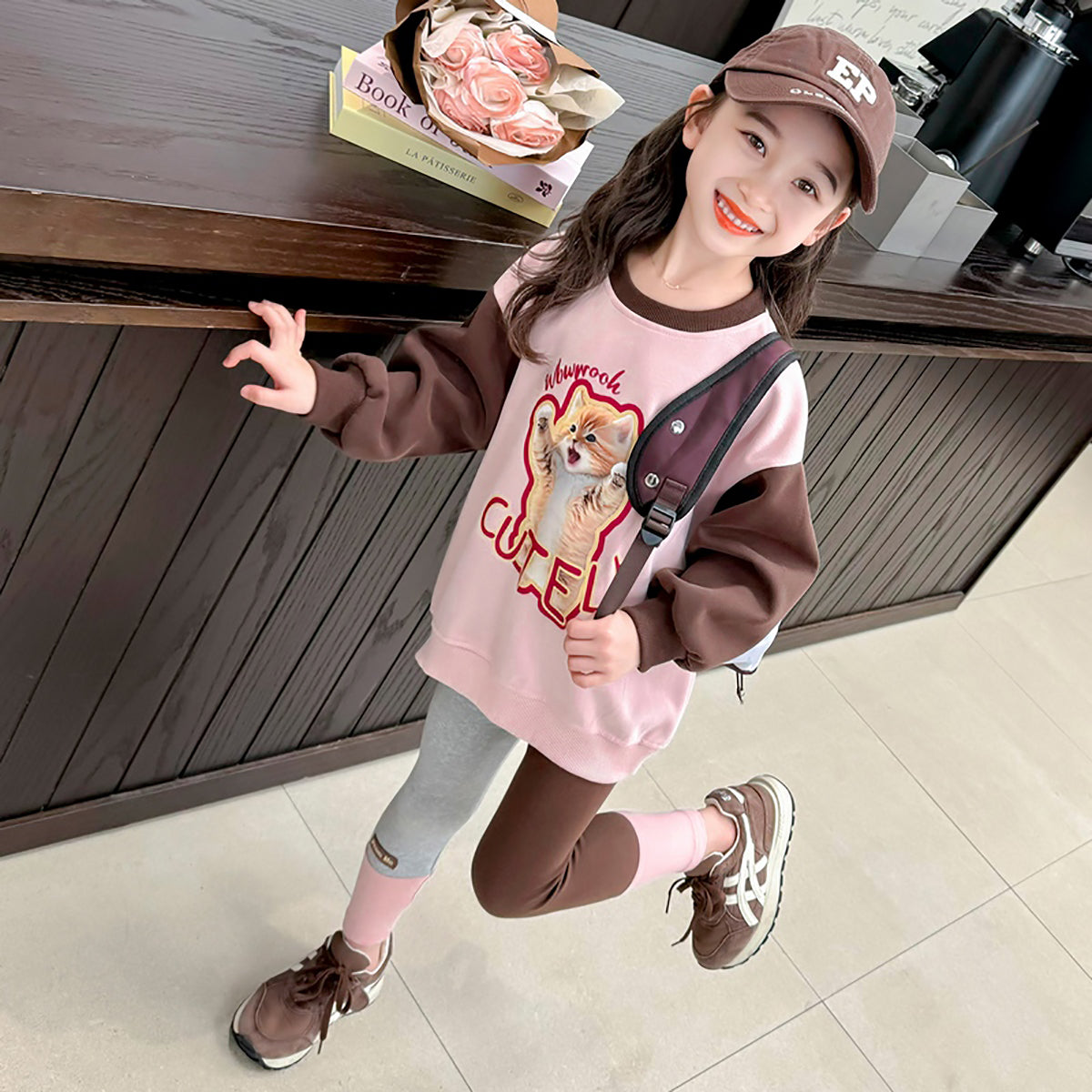Girls Pink & Brown Printed Pure Cotton Top with Leggings