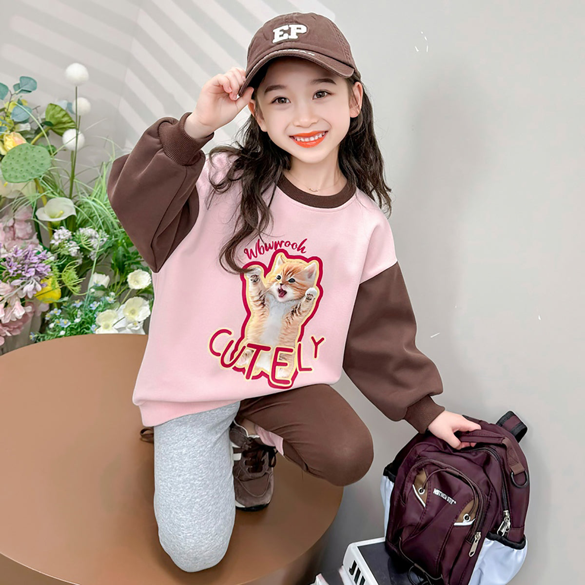 Girls Pink & Brown Printed Pure Cotton Top with Leggings