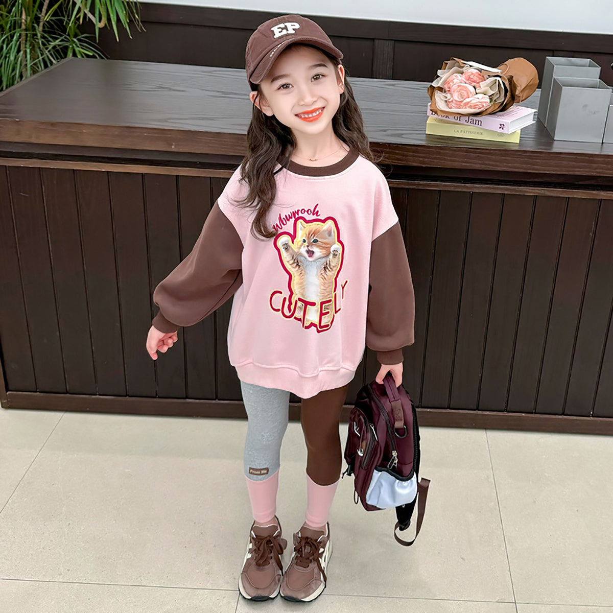 Girls Pink & Brown Printed Pure Cotton Top with Leggings