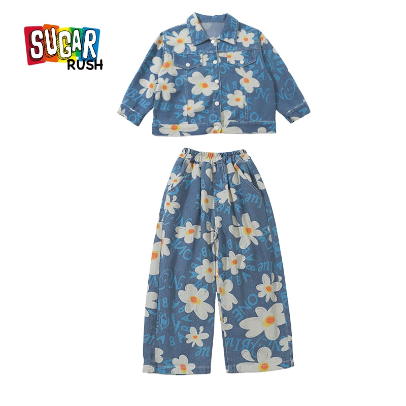 Girls Blue & White Printed Pure Cotton Top with Palazzos