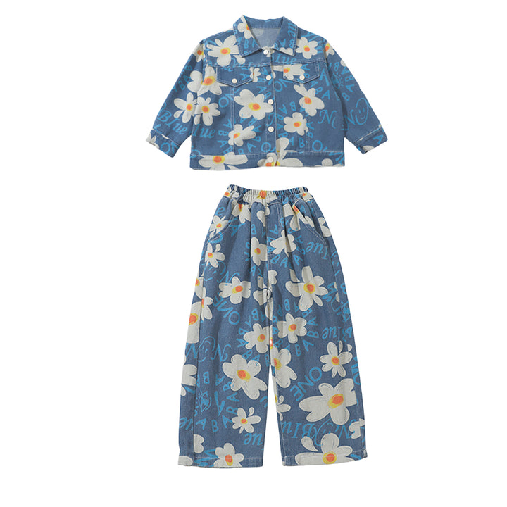 Girls Blue & White Printed Pure Cotton Top with Palazzos