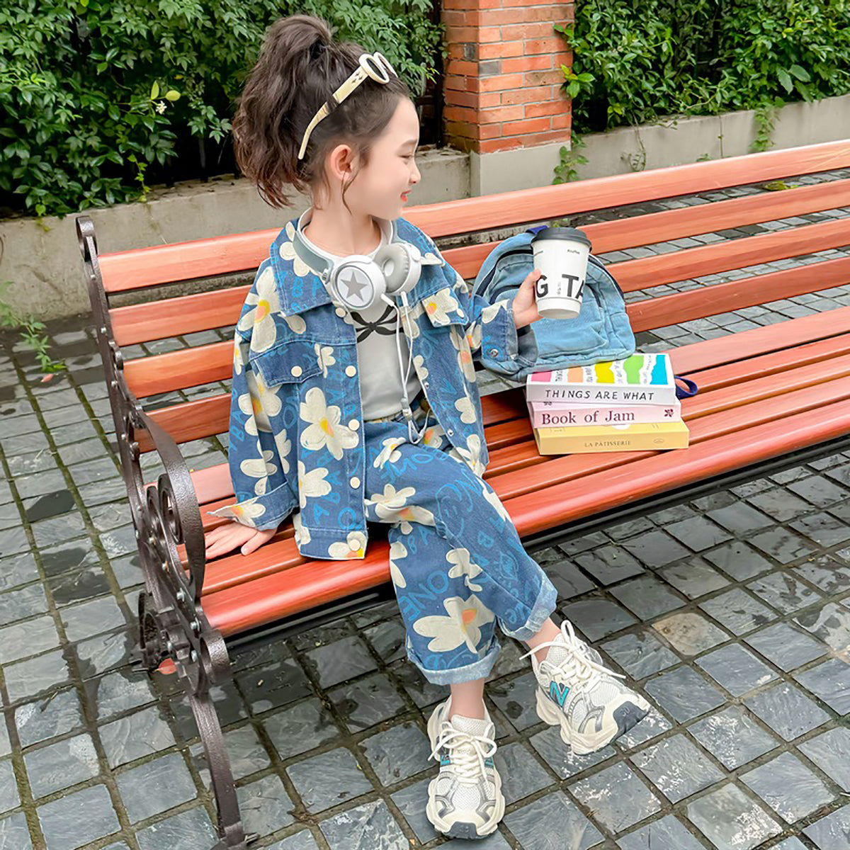 Girls Blue & White Printed Pure Cotton Top with Palazzos
