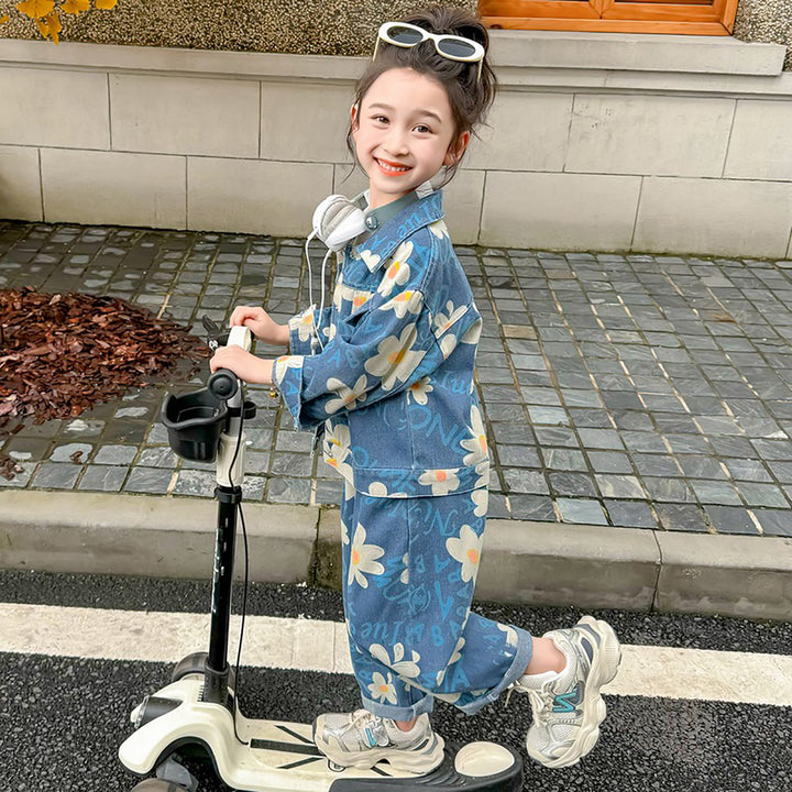 Girls Blue & White Printed Pure Cotton Top with Palazzos
