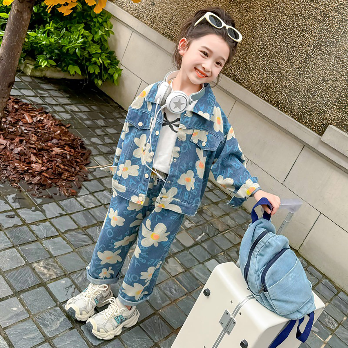Girls Blue & White Printed Pure Cotton Top with Palazzos