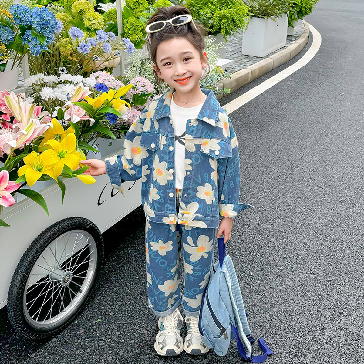 Girls Blue & White Printed Pure Cotton Top with Palazzos