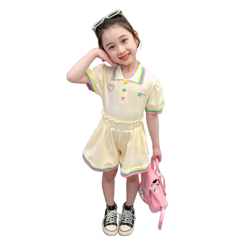 Girls Short Sleeves Polo Collar Top with Skirt