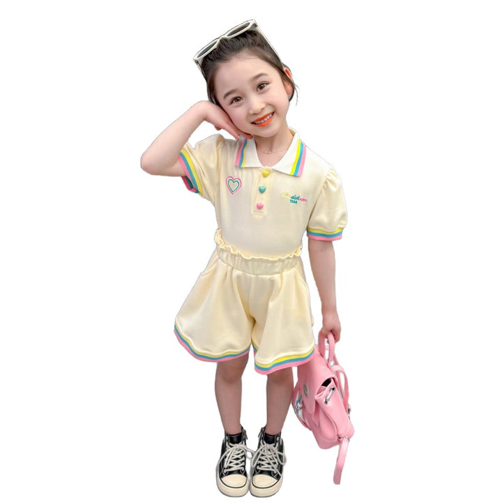 Girls Short Sleeves Polo Collar Top with Skirt