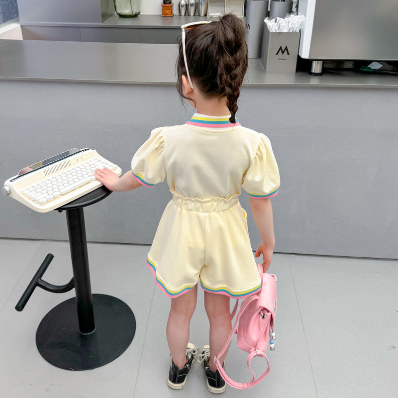 Girls Short Sleeves Polo Collar Top with Skirt