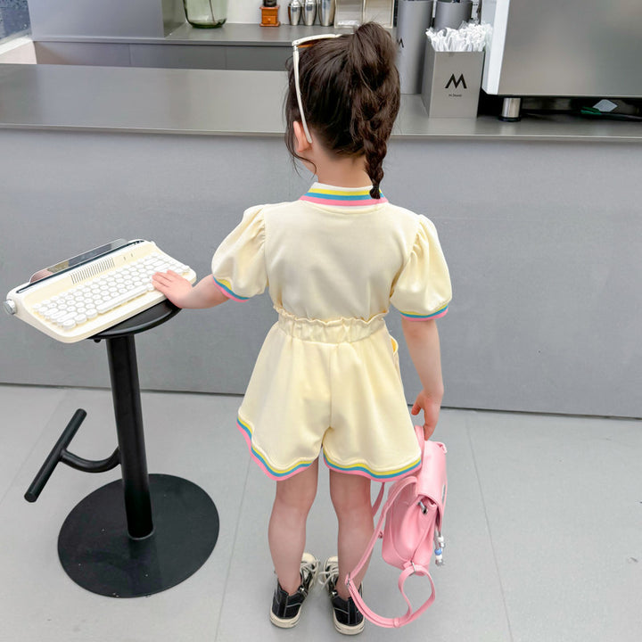 Girls Short Sleeves Polo Collar Top with Skirt