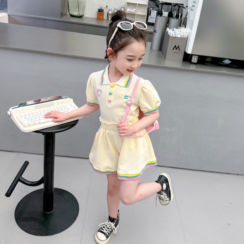 Girls Short Sleeves Polo Collar Top with Skirt