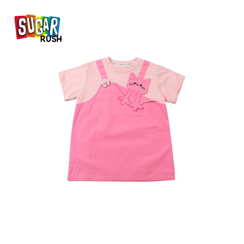 Girls Pink & Black Round Neck Pinafore Dress