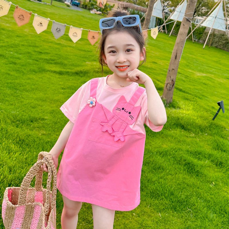 Girls Pink & Black Round Neck Pinafore Dress
