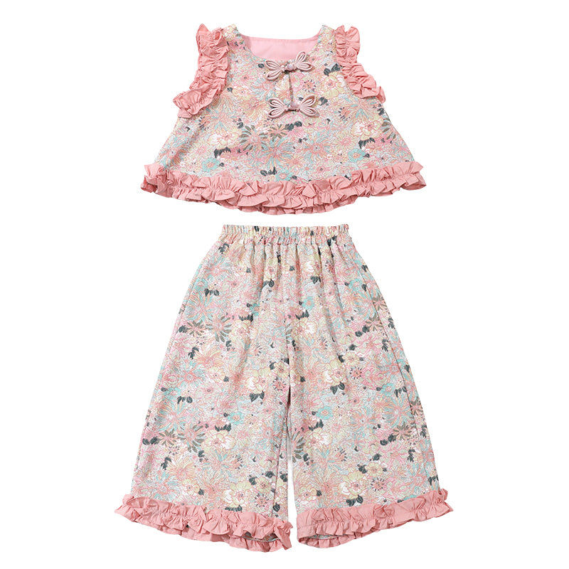 Girls Round Neck Sleeveless Printed Top with Pyjama