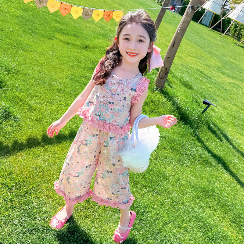 Girls Round Neck Sleeveless Printed Top with Pyjama