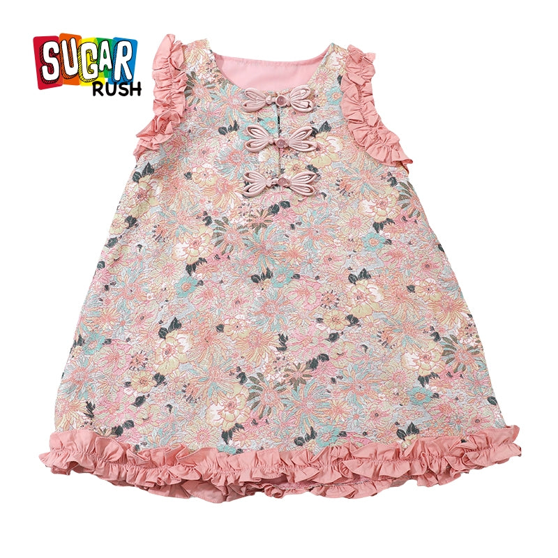 Girl Pink Round Neck Ruffled Bow Floral Print A-Line Dress