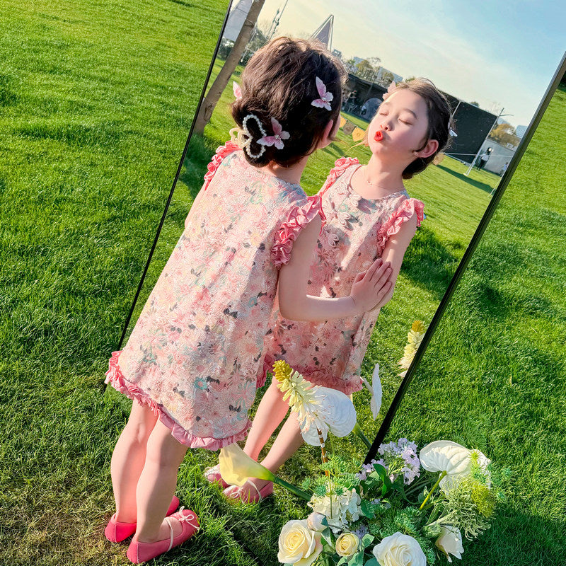 Girl Pink Round Neck Ruffled Bow Floral Print A-Line Dress