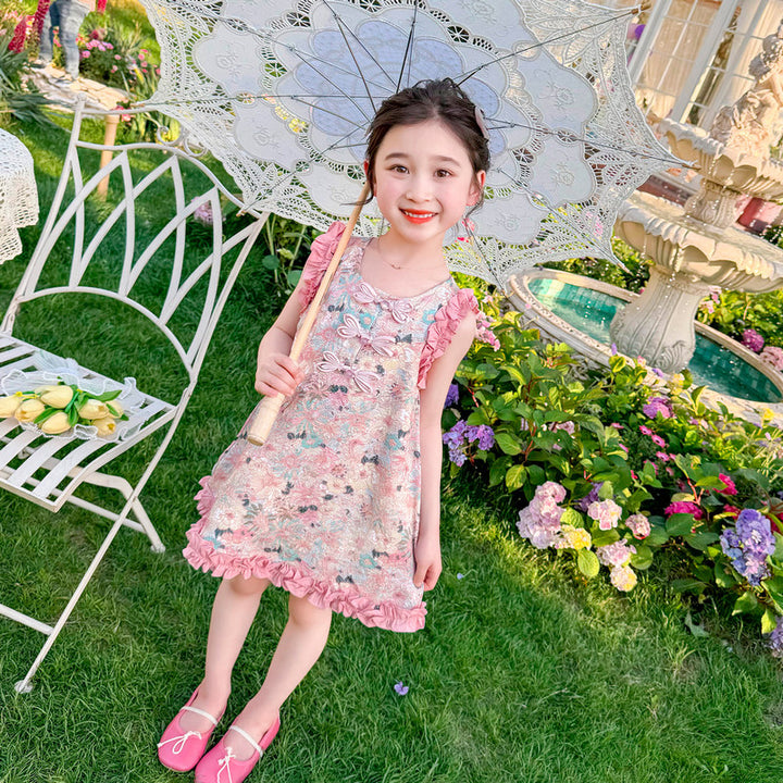 Girl Pink Round Neck Ruffled Bow Floral Print A-Line Dress